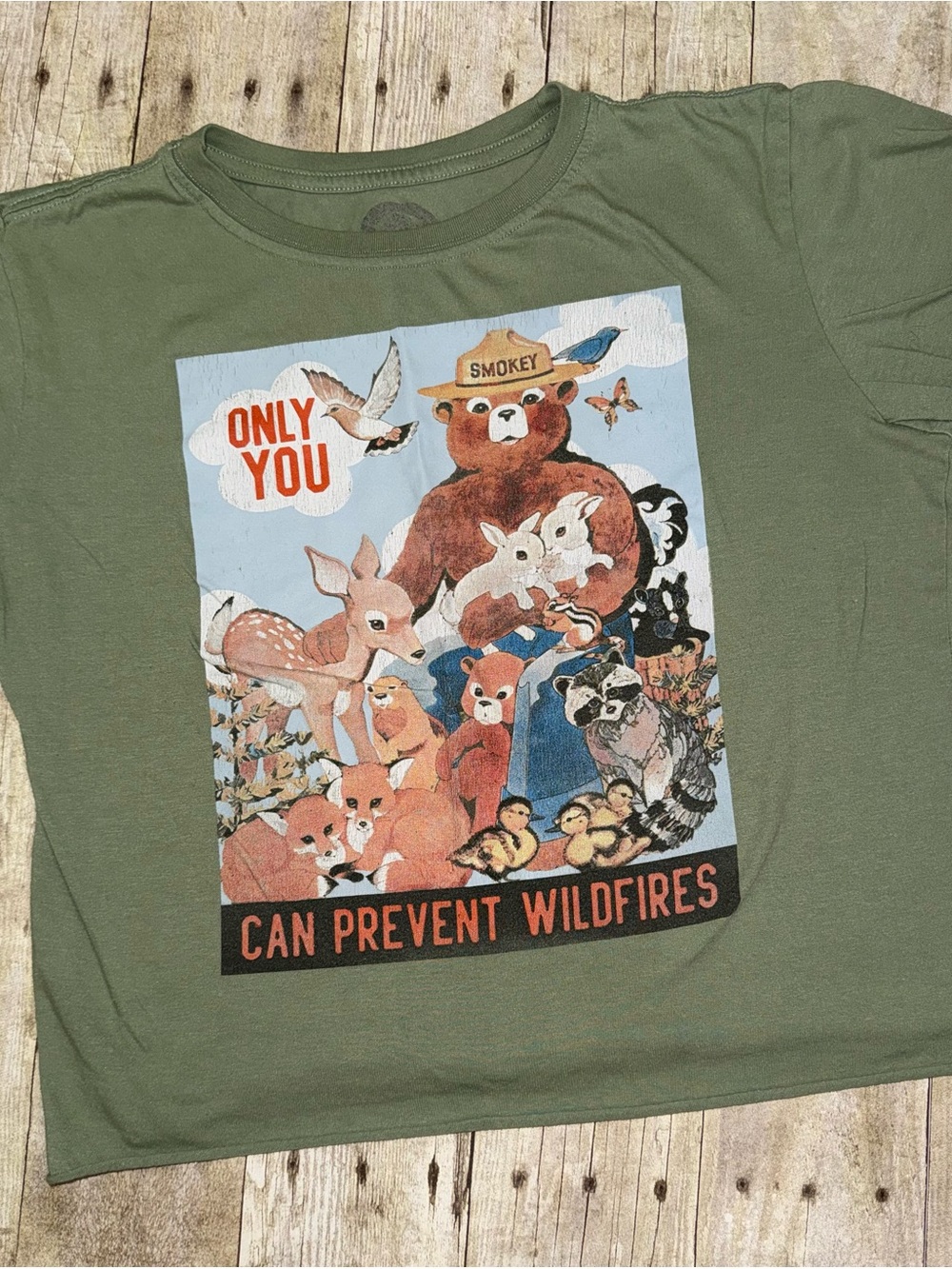 Smokey Bear Graphic Crop Top - Olive Green